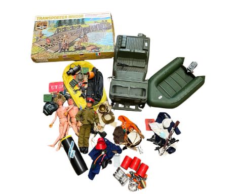 Vintage 1964 Palitoy Action Man figures and accessories to include an original Eagle Eyes with flocked hair dressed in Royal 