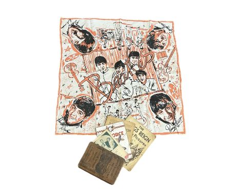 A C1963 Beatles scarf with a portrait of each of the four Beatles, one in each corner and the four of them together in the ce