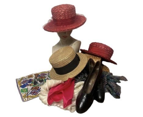 A collection of vintage items to include a pair of 1920s/ 30s  alligator heels by Raoul of Paris, two red straw hats, one bei