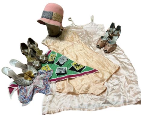 An original 1920s cloche hat in a rare pink shade, art deco evening sandals in silk brocade with gold leather, rose pink sati