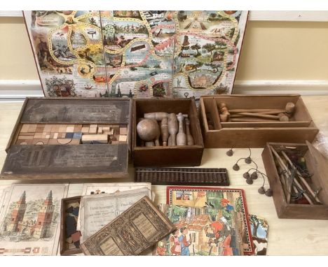 Antique toy block and building sets together with carpet croquet childhood antique pastimes and toys sets , blocks and other 