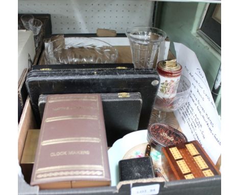 A box containing a varied selection of useful collectible domestic items to include Matthew Norman carriage clock 