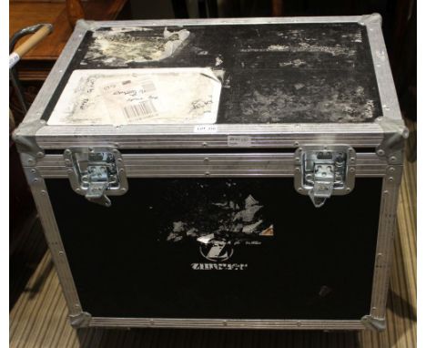A metal bound mobile flight case, the foam filled interior also containing a swing handle brass coal scuttle and an iron lant