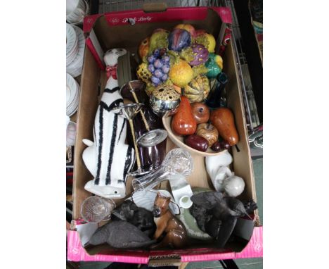 A box containing a selection of useful decorative domestic items various to include a pair of Stuart Devlin designed candlest