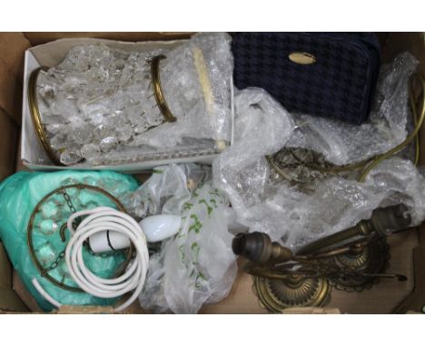 A box containing a selection of domestic lighting and glass dropper shades 