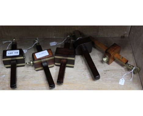 Five vintage wooden mortise gauges 