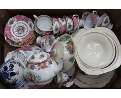 A box containing a selection of domestic pottery and porcelain to include a Royal Albert part tea service 