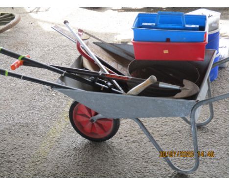WHEELBARROW, WITH COLLECTION OF TOOLS, SECATEURS, SHEARS
