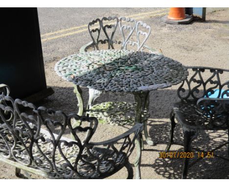 METAL GARDEN TABLE, TWO CHAIRS AND A BENCH