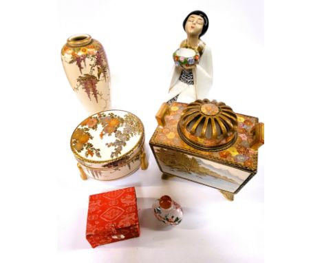 A Satsuma oviform vase 19cm, a circular lidded box 12.5cm (small hairline crack to lid), a koro 14.5cm (lid repaired), a figu