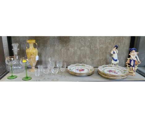 A pale yellow glass vase with twin handles 28.5cm, decanter and ten wine and sherry glasses and Seven European porcelain plat