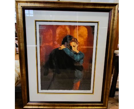 A signed, limited edition 34/250 Mark Spain print of a couple embracing. Framed, mounted and glazed. 91cm x 78cm. 