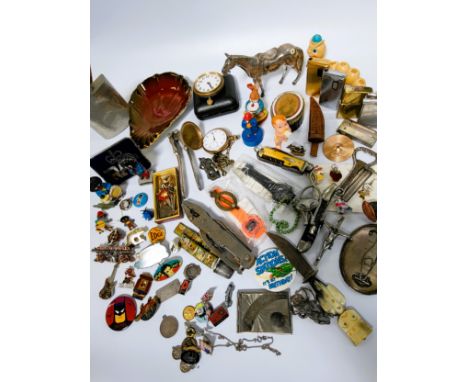 A miscellaneous collection of Silver Saint Christophers, a silver photo frame, a silver necklace chain, badges, a hip flask, 