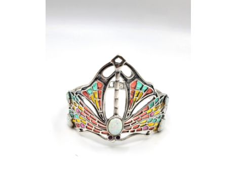A silver and plique a jour Art Deco style cuff bangle with opal-style cabochons. 24g. 4cm x 6cm diameter