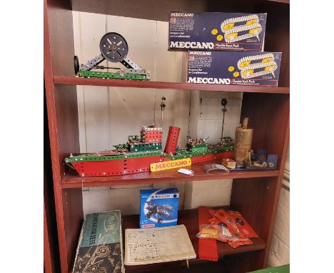 Meccano battleship 73cm, steam engine, two Flexible Track Packs, accessories, two catalogues and an M&amp;W Combination Set. 