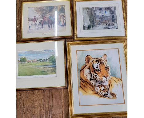Four prints: a tiger and cub, signed Clancy (76cm x 60cm), 'A Difficult Approach' 174/500 (49cm x 60cm), The Wayside Inn prin