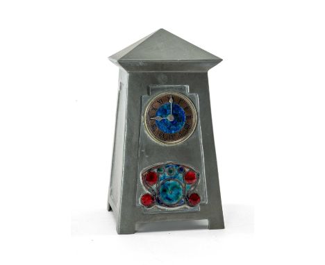 LIBERTY & CO. TUDRIC PEWTER & ENAMEL MANTEL CLOCK, c. 1905, model no. 0629, designed by Archibald Knox, architectural form se