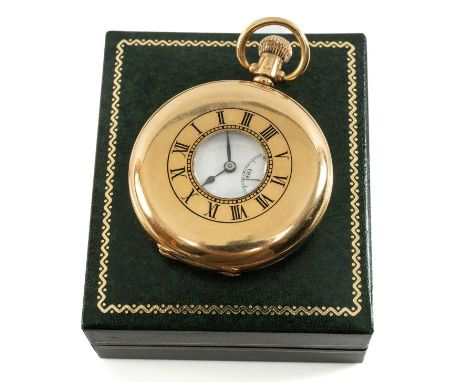 18CT GOLD J.W. BENSON HALF HUNTER POCKET WATCH, signed white enamel Roman dial with subsidiary seconds, blued steel hands, si