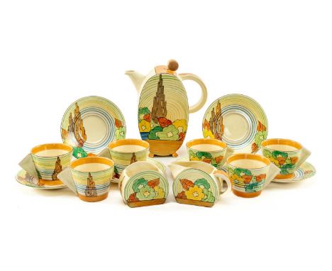 CLARICE CLIFF 'CAPRI' BON JOUR COFFEE SET, c.1935, comprising coffee pot and cover, jug, sugar bowl, six cups and saucers, pr