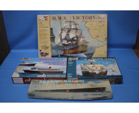 REVELL MODEL SHIP KITS to include H.M.S. Victory - set 1:225, Santa Maria 1:90, Cunard Queen Elizabeth 2 &amp; Queen Mary 2 1