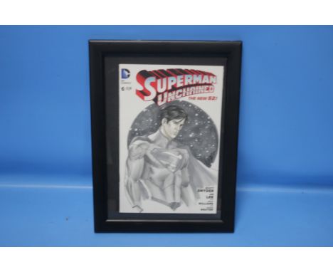 SUPERMAN DC COMICS SKETCH COVER, signed, frame size 33 x 25 cm