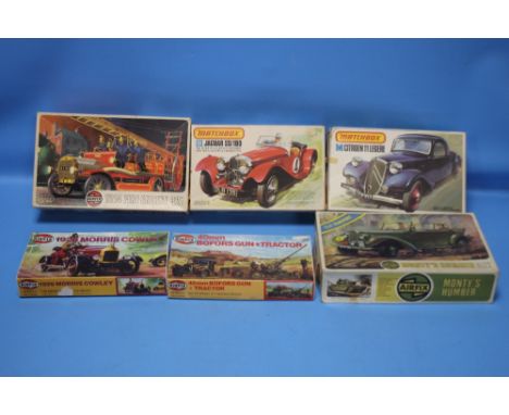 VINTAGE AIRFIX AND MATCHBOX MODEL KITS to include Monty's Humber 32, 40mm Bofors Gun &amp; Tractor, 1914 Fire Engine 32, 1926