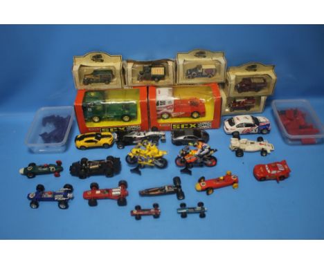 FIVE SLOT CARS BY CARRERA (X2), SCX (X2) ETC. together with two motorbikes and riders, two boxed Matchbox SCX articulated lor