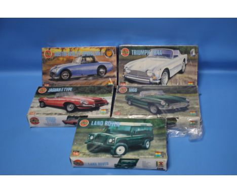 VINTAGE AIRFIX MODEL CAR KITS to include 1:43 skill level 1 - Land Rover, 1:32 skill level 2 - Austin Healey Sprite Mk1, Jagu