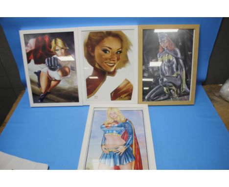 FRAMED COMIC ART - SUPERGIRL, POWERGIRL, BATGIRL etc. two signed R. Marinetti, frame sizes 46 x 33.5 cm (4)