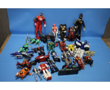 A LARGE BOX OF VINTAGE POWER RANGERS FIGURES AND BIKES
