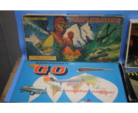 VINTAGE TRAVEL THEMED BOARD GAMES to include Waddington's "Exploration", "Go", National Geographic Society "On Assignment", S