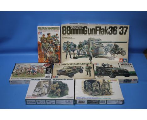 TAMIYA MILITARY MODEL KITS to include 1/35 German 88mm GunFlak 36/37, Kfz. 1/20K2s Schwimmwagen, M151A2 and Military Miniatur