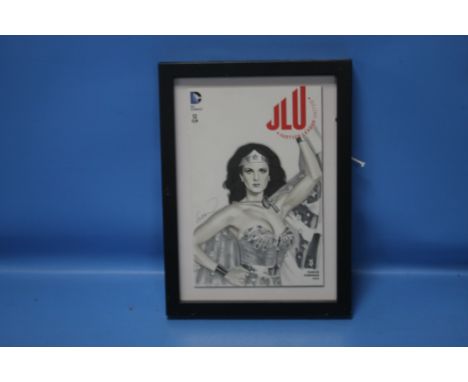 JUSTICE LEAGUE UNITED DC COMICS SKETCH COVER, signed, frame size 33 x 24 cm