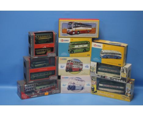 TEN MISCELLANEOUS CORGI BUSES, TRAMS AND SETS, to include Blackpool Tram OM43508, Blackpool Balloon Tram 43501, Burlingham Se