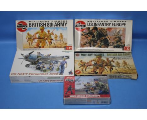 AIRFIX 1:32 MODEL MILITARY FIGURES, to include U.S. Infantry Europe, British 8th Army x 2 (2 versions), WWII German Paratroop