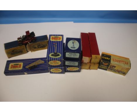 A BOX OF ASSORTED BOXED SIGNALS AND LIGHTS to include two Hornby Dublo double arm signals ED2, Hornby Dublo coloured light si