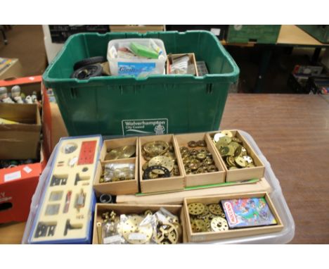 TWO LARGE BOXES OF MECCANO PARTS, to include wheels, cogs, nuts, bolts, springs, washers etc. Plus a boxed six inch mini roll