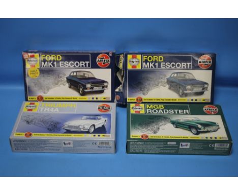 AIRFIX HAYNES MODEL CAR KITS 1:32 to include Ford MK1 Escort x 2, Triumph TR4A and MGB Roadster  (4)