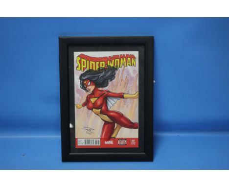 SPIDER-WOMAN MARVEL COMIC SKETCH COVER, SABINE RICH, signed "Rich 2015", frame size 33.5 X 25 cm
