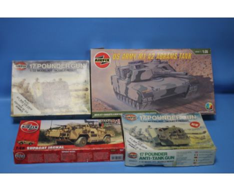 AIRFIX MILITARY MODEL KITS  to include 1:35 skill level 3 US Army M1 A2 Abrams Tank, 1/32 17 Pounder Anti-Tank Gun x 2, 1:48 