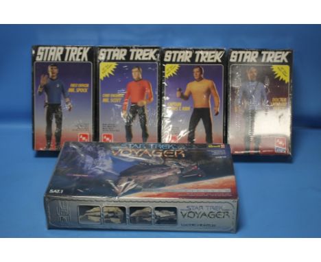 STAR TREK MODEL KITS to include Revell Kazon Fighter, AMT Ertl Mr. Spock, Mr Scott, Dr. Leonard McCoy and Captain James T. Ki