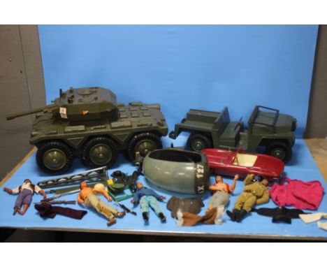 ACTION MAN ASSORTMENT, to include tank/ armoured car, Jeep/Land Rover, Helicopter (incomplete), a selection of Action Man fig