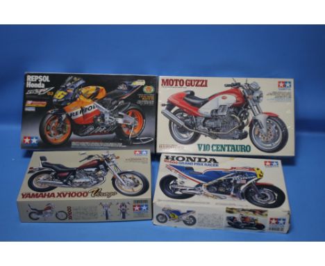 TAMIYA MOTORCYCLE MODEL KITS 1/12 to include Moto Guzzi V10 Centauro, Repsol Honda RC211V'03 (pieces removed from tree), Hond