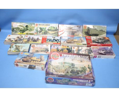 AIRFIX MILITARY MODEL KITS to include 1:72 Churchill Tank WWII German Infantry &amp; WWII British Paras, AEC Matador + 5,5 in