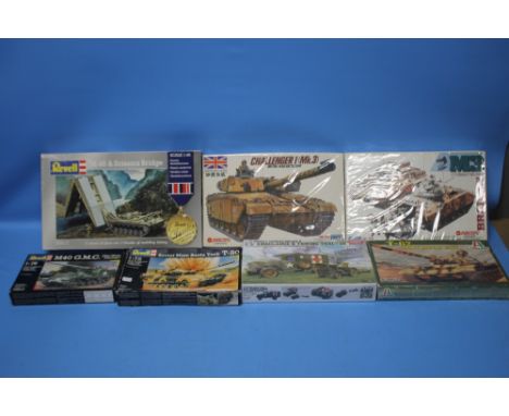 MILITARY MODEL KITS to include 1:72 Italeri T-62 Main Battle Tank, 1/72 Academy U.S. Ambulance &amp; Towing Tractor, 1:40 Rev