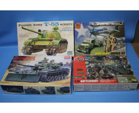 FOUR MILITARY MODEL KITS - to include Airfix 1:72 WWII USAAF Airfield Set, Trumpeter 1/35 Finnish Army T-55 W/KMT-5, Academy 