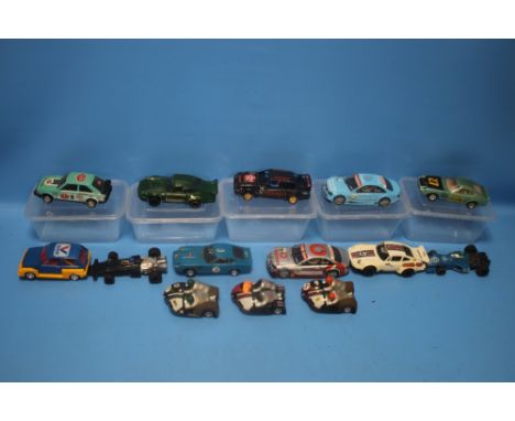 SIXTEEN SCALEXTRIC SLOT CARS to include Mercedes Benz CLK-DTM, two Porsche, Datsun, three motorbike and sidecar, Metro. Pleas