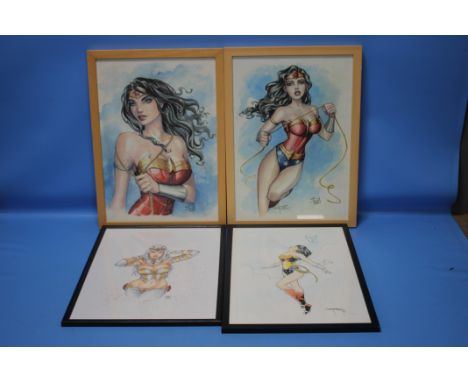 AN ORIGINAL SIGNED COMIC ART SKETCH OF WONDER WOMAN,  together with another and two Sabine Rich prints of Wonder Woman one si