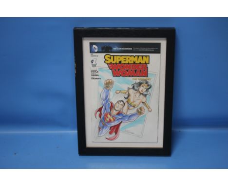 SUPERMAN / WONDER WOMAN DC COMICS SKETCH COVER, signed "Rubus Dr Slug '15", frame size 33 x 24 cm