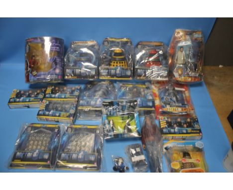 THREE CARDED DALEKS (The Eternal, Dalek Strategist, Dalek Drone), three carded Dr Who figures (Uncle, Cyberman, Chip / Destro